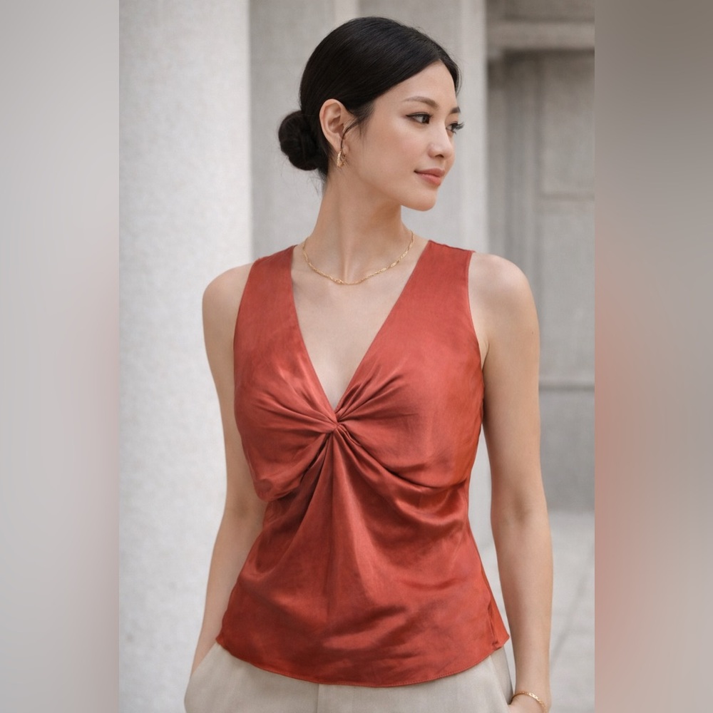Banana Republic 100% Silk Twist Front Top Rust Copper Sleeveless Blouse Medium